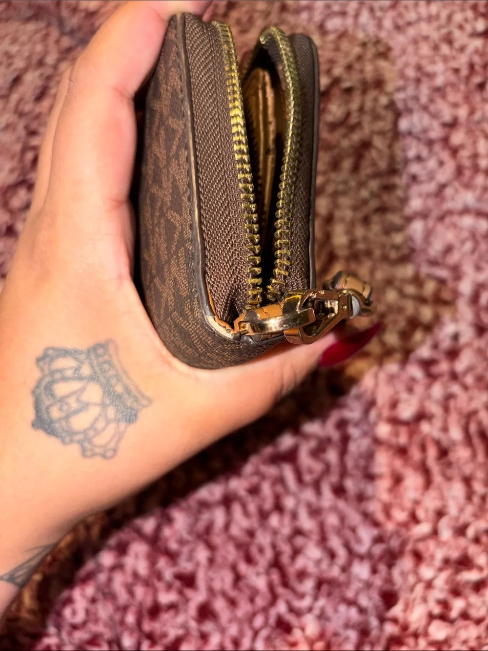 Michael Kors Brown Logo Zip Wristlet with Gold Hardware